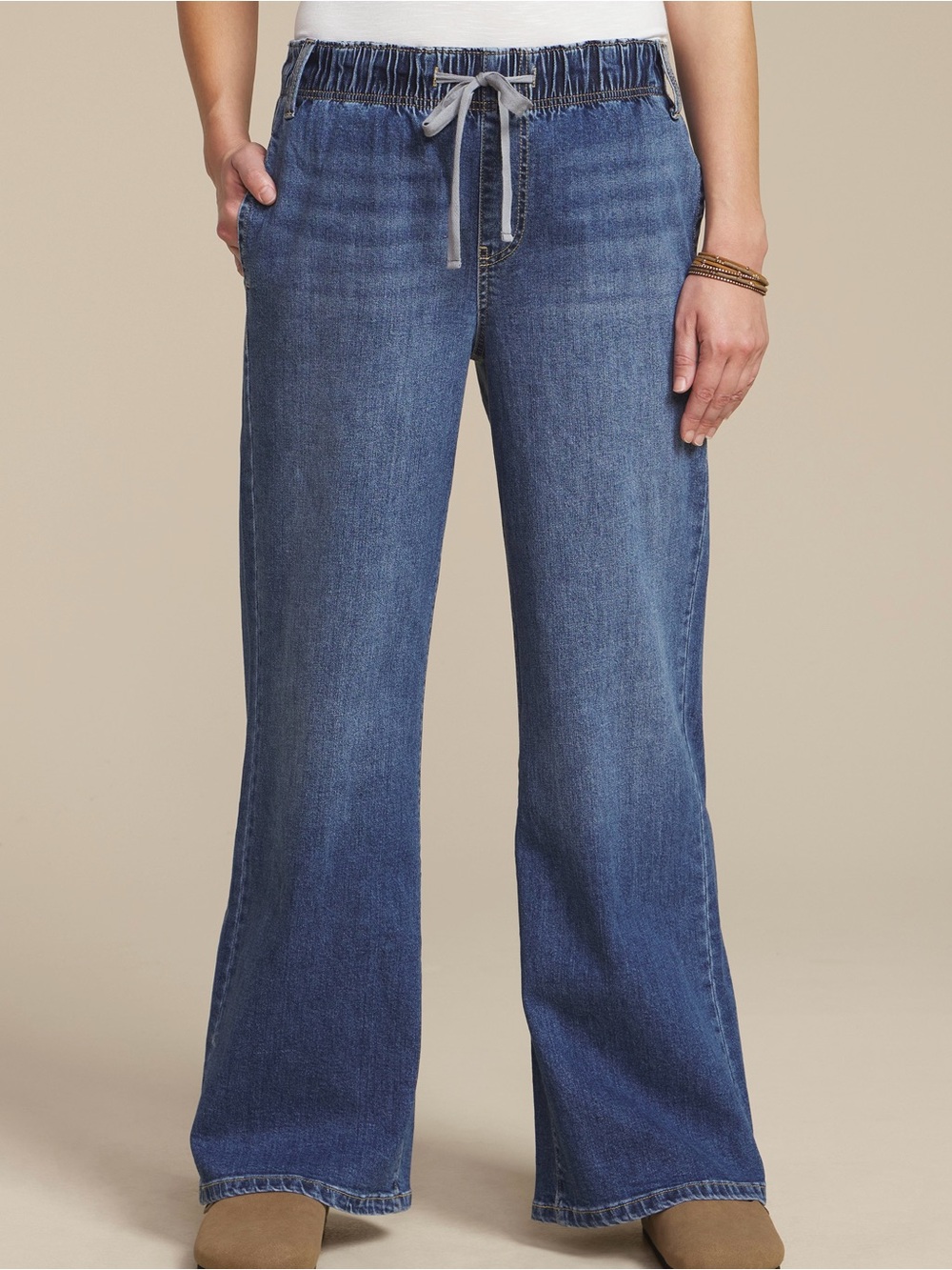 Maurices Dark Wash Soft Pull On Wide Leg Jeans High Rise Drawstring Denim Large